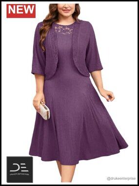 Plus Size 2 Piece Mother of Bride Dress with Jacket Tea Length